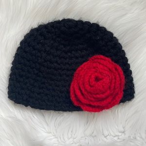 Black with red flower knitted hat, 1-2 years old